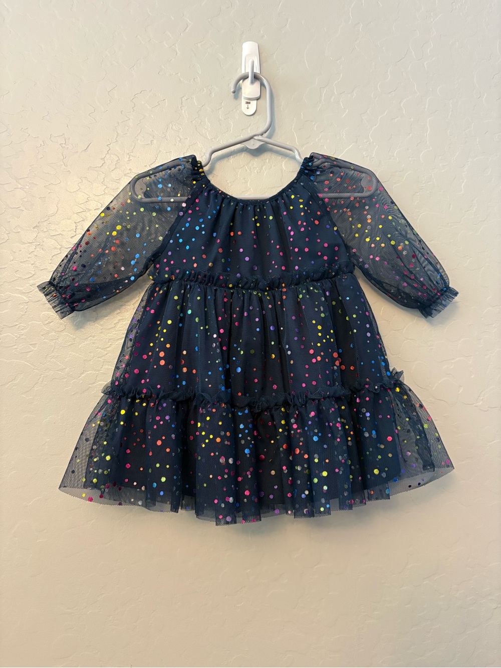 Pippa & Julie navy blue tulle dress with metallic rainbow dots 6-9 months